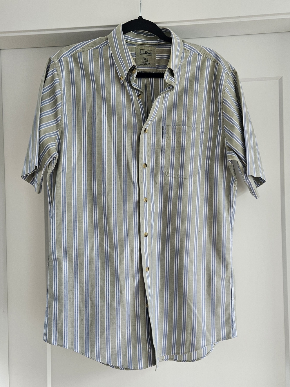 L.L. Bean Short-Sleeve Button-Down — Olive, Blue & White Stripes M Tall